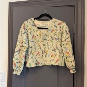 Anthropologie Cream Multicolor Specked V-Neck Sweater